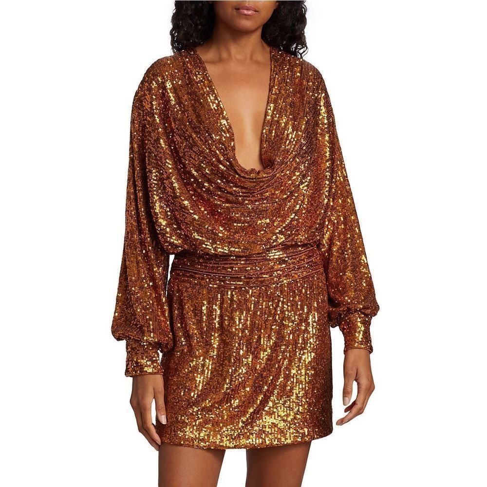 NEW Rasario Draped Orange Sequin Long Sleeve Mini Cocktail Dress Size 4  IT 40